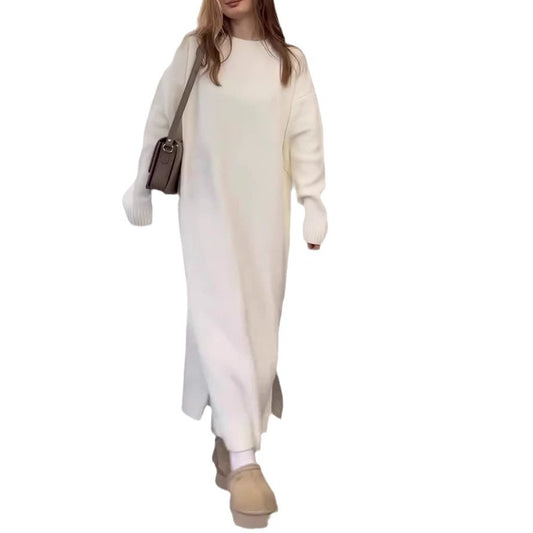 Knitted Pullover Long Loose Dress with A Round Neck