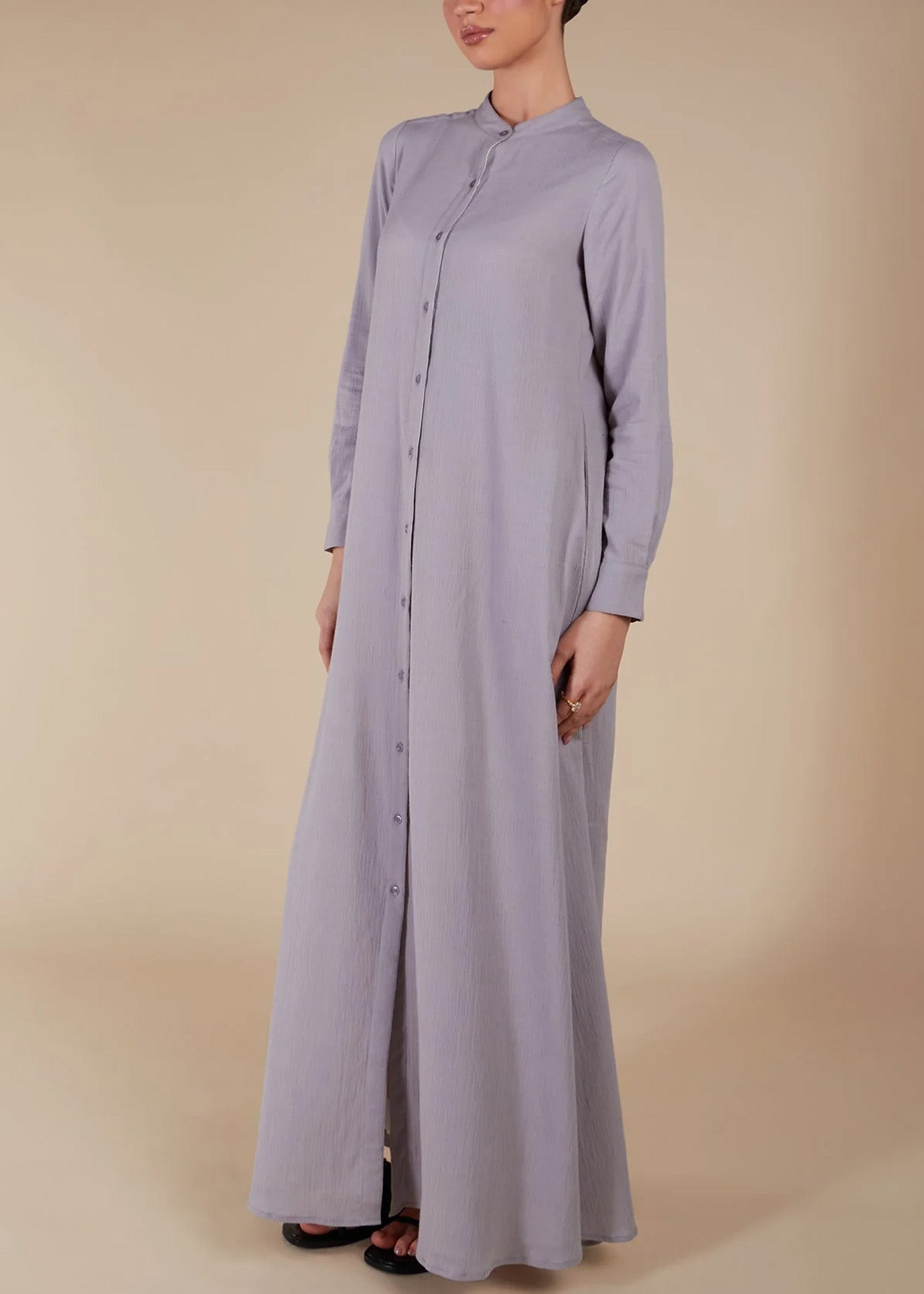 Small Stand Collar Front Full Button Placket Daily Casual Abaya Maxi Dress