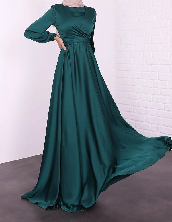 Satin Abaya Crossed Belted Evening Dress - Moss Green