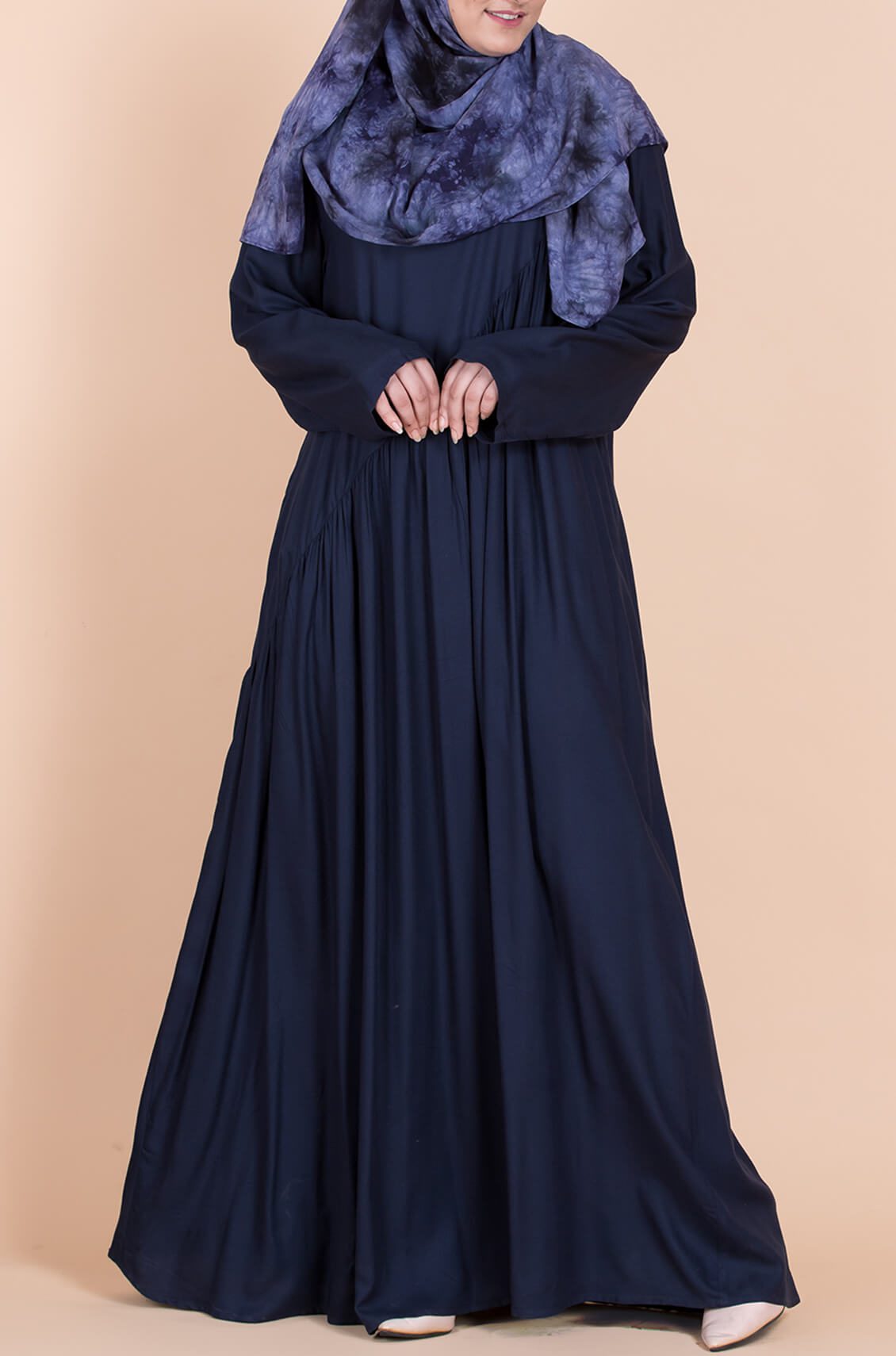 Navy Blue Asymmetric Smocked Round-neck Dress