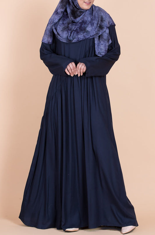 Navy Blue Asymmetric Smocked Round-neck Dress