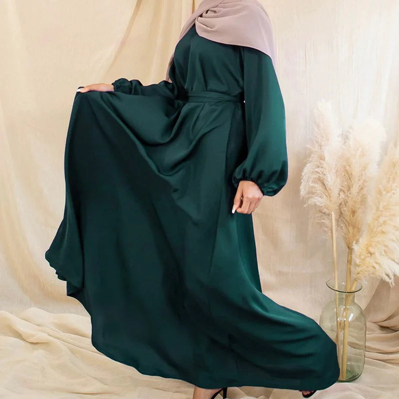 Zeenat Solid Satin Abaya Dress - Moss Green