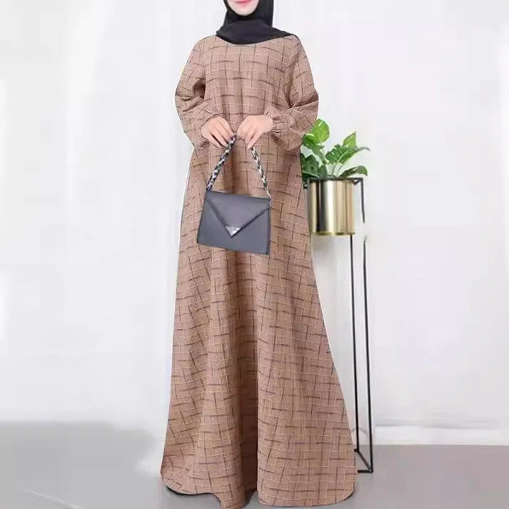 Women's Plaid Crewneck Modest Dress - Khaki