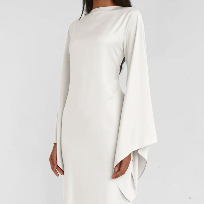 Solid Color Off-the-Shoulder Asymmetric Statement Sleeve Elegant Abaya Maxi Dress for Women-White