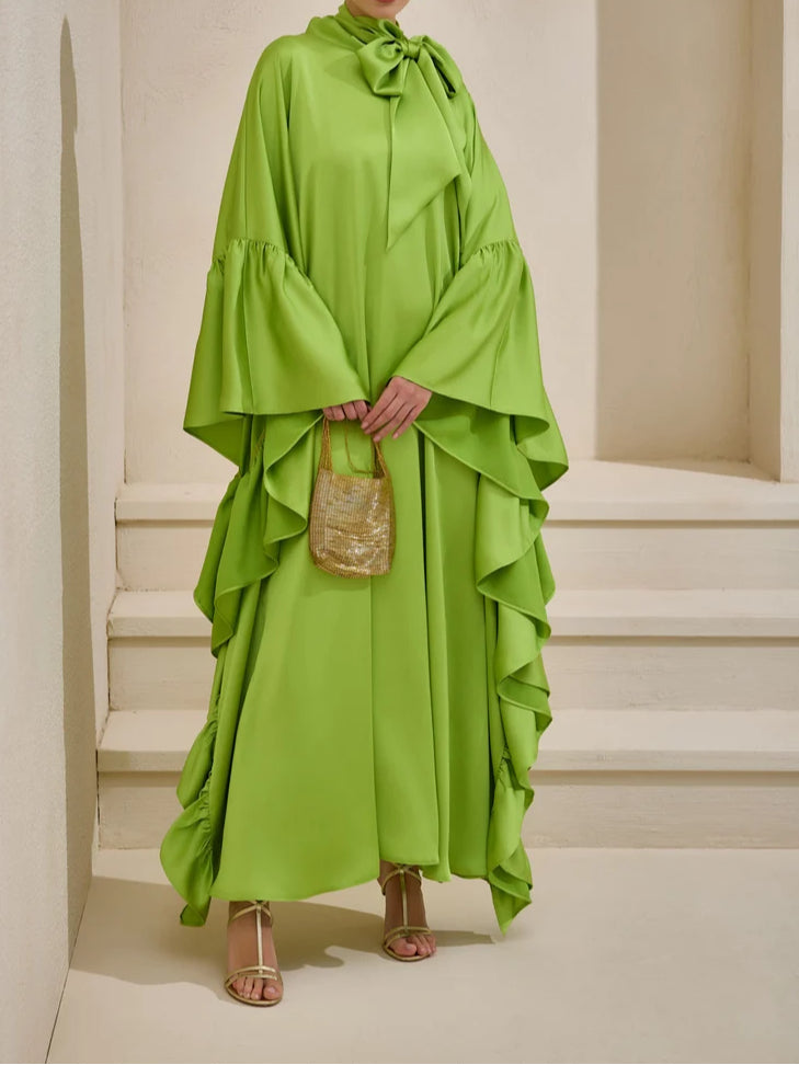 Tie Bow Big Ruffles Satin Kaftan - Green Grass