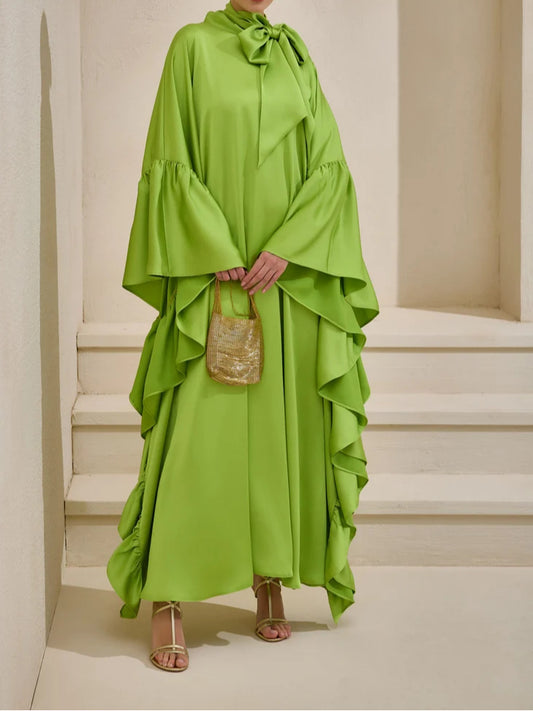 Tie Bow Big Ruffles Satin Kaftan - Green Grass