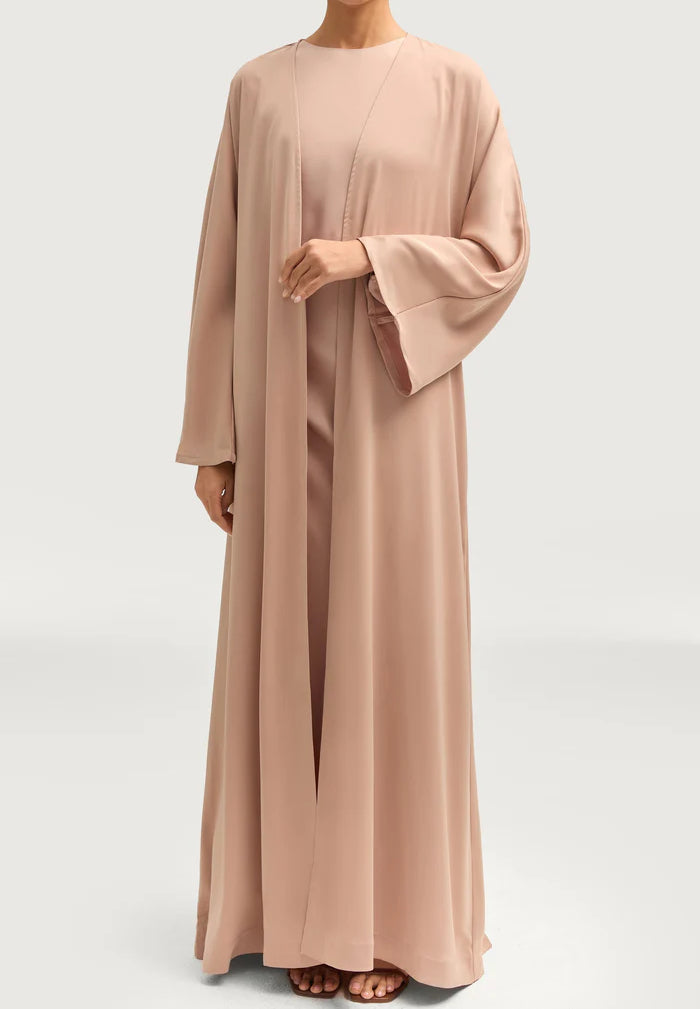 Sophia Heavy Satin Open Abaya Robe - Natural Nude