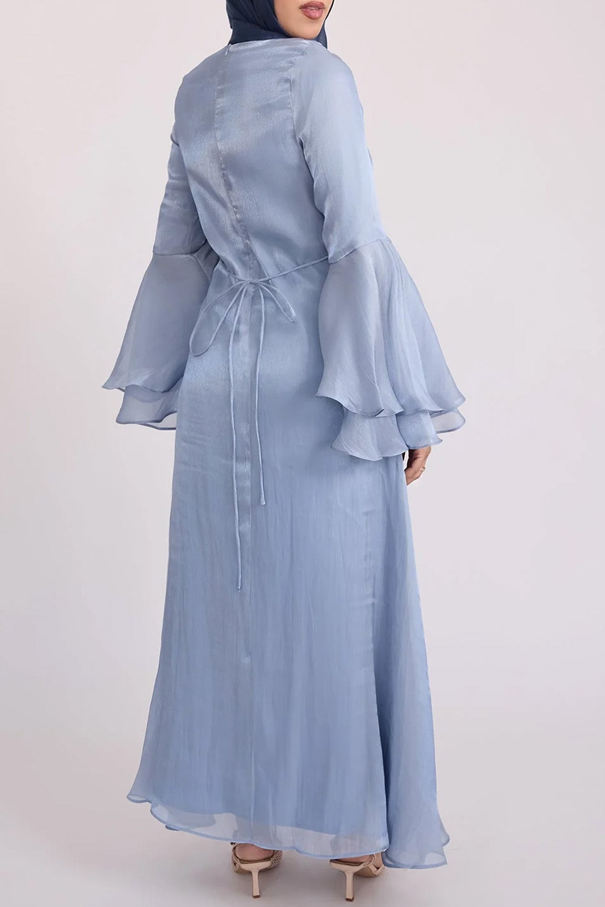 Elegant Solid Color Satin Wide Ruffled Sleeve Abaya Maxi Dress for Women