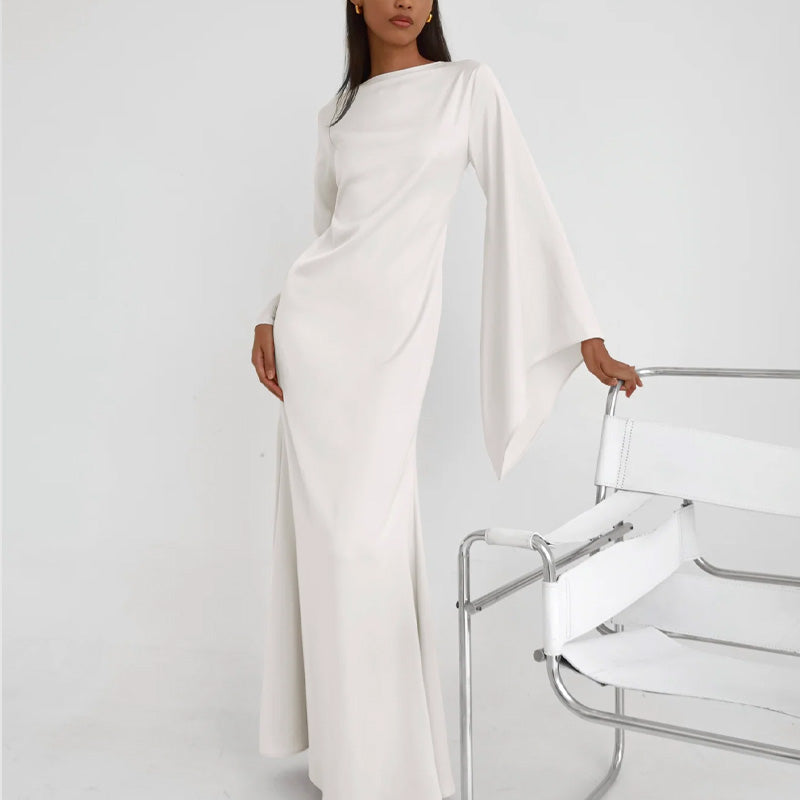 Solid Color Off-the-Shoulder Asymmetric Statement Sleeve Elegant Abaya Maxi Dress for Women-White