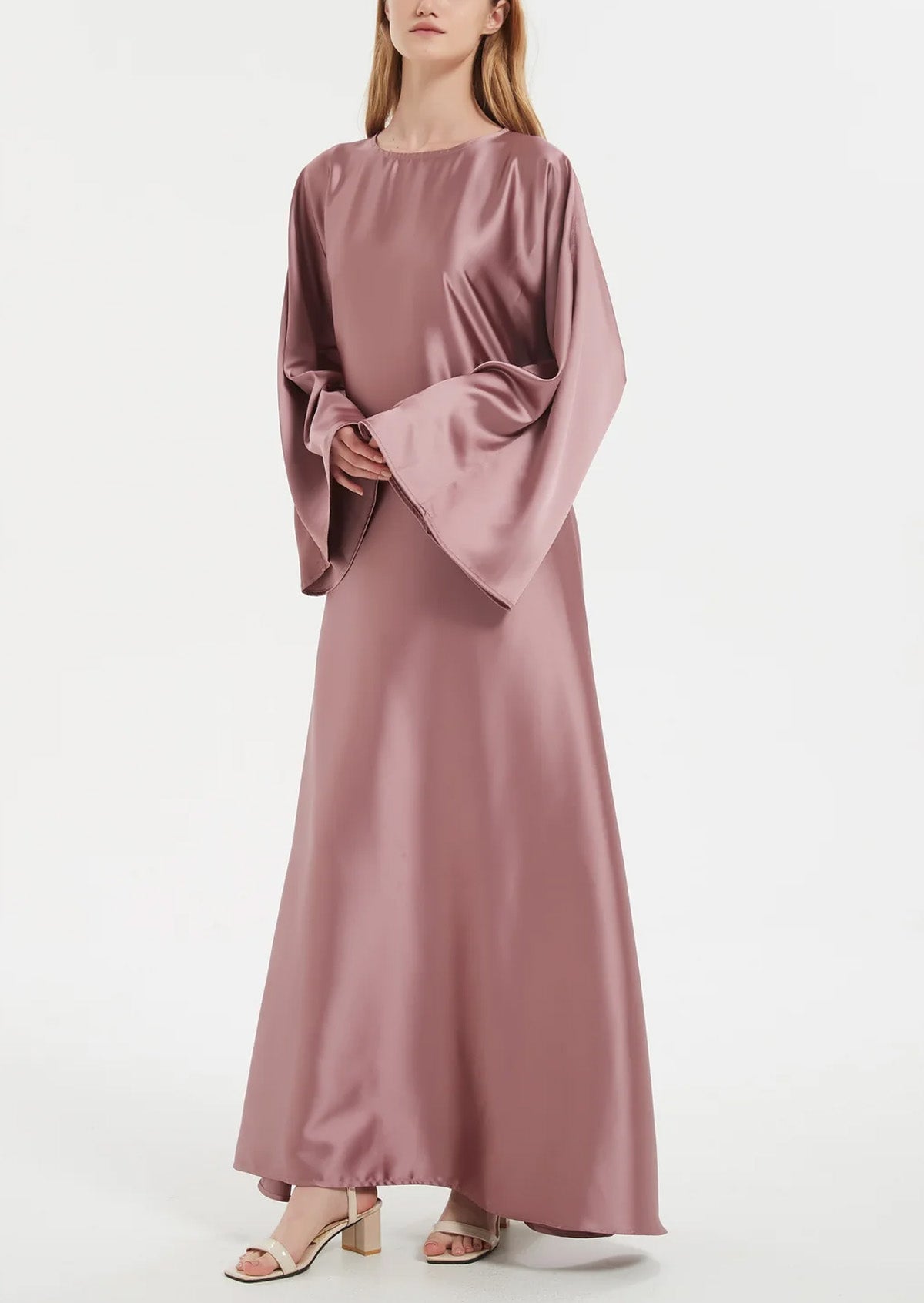 Solid Color Slightly Flared Sleeve Satin Elegant Abaya Maxi Dress for Women