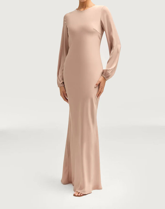 Sophia Heavy Satin Maxi Abaya Dress - Natural Nude