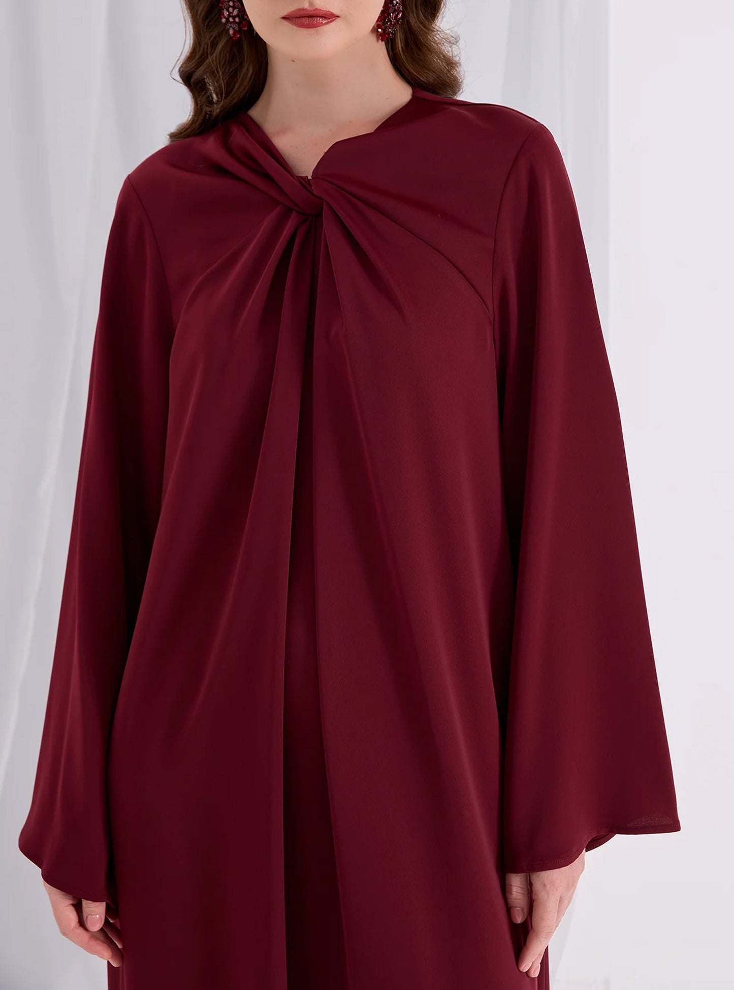 Green Ruffle Modest Muslim Maxi Abaya Dress-Dark Red