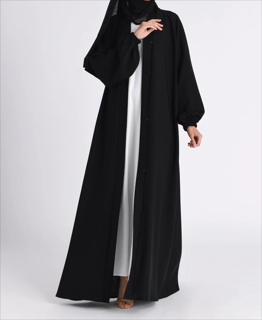 Classic Solid Open Abaya with Shrinking Cuffs - Black