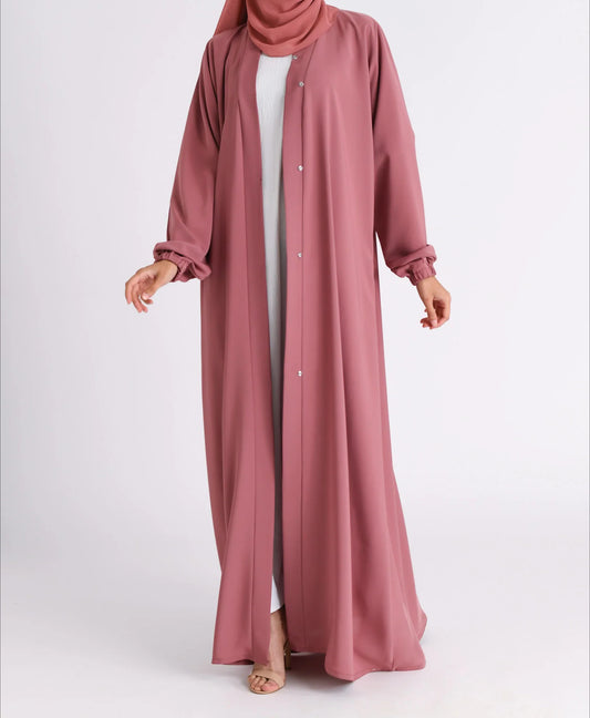 Classic Solid Open Abaya with Shrinking Cuffs - DarkPink