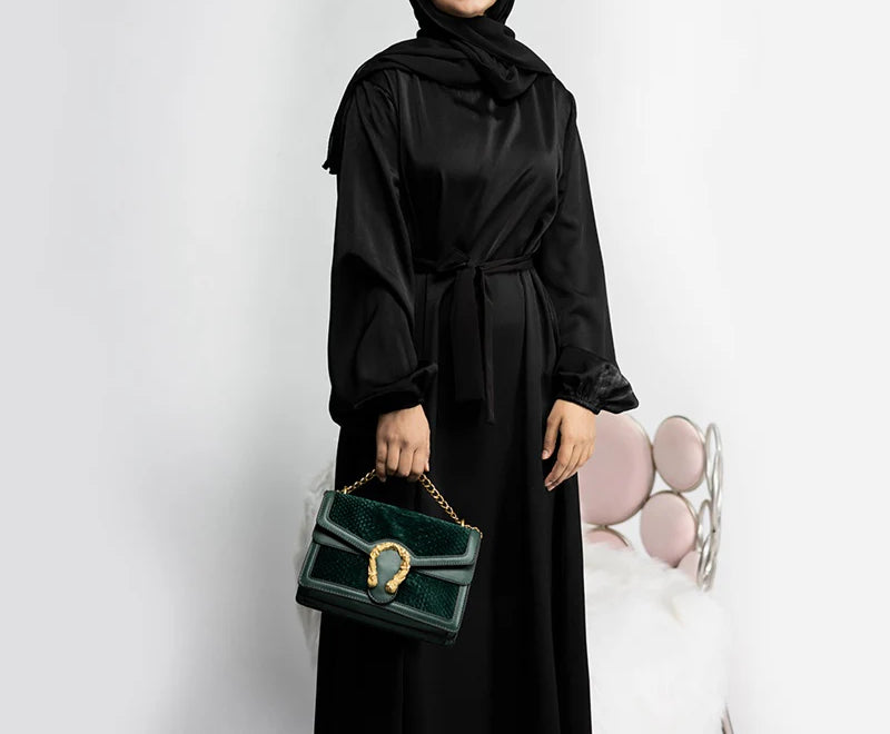 Zeenat Solid Satin Abaya Dress - Night Black