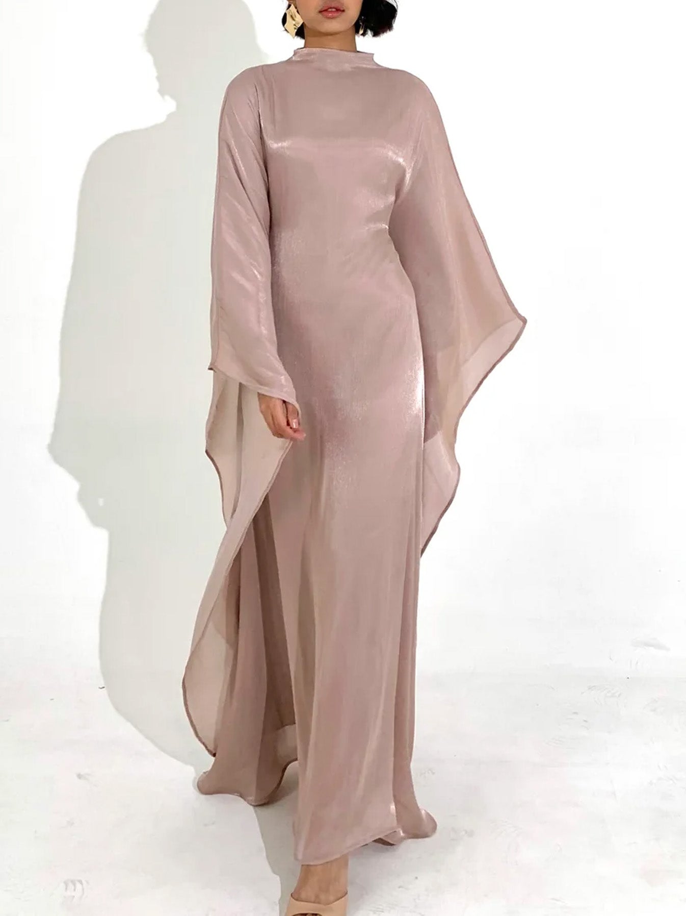Elegant Satin-Textured High-Shine Abaya Maxi Dress for Women-Lotus Root Pink