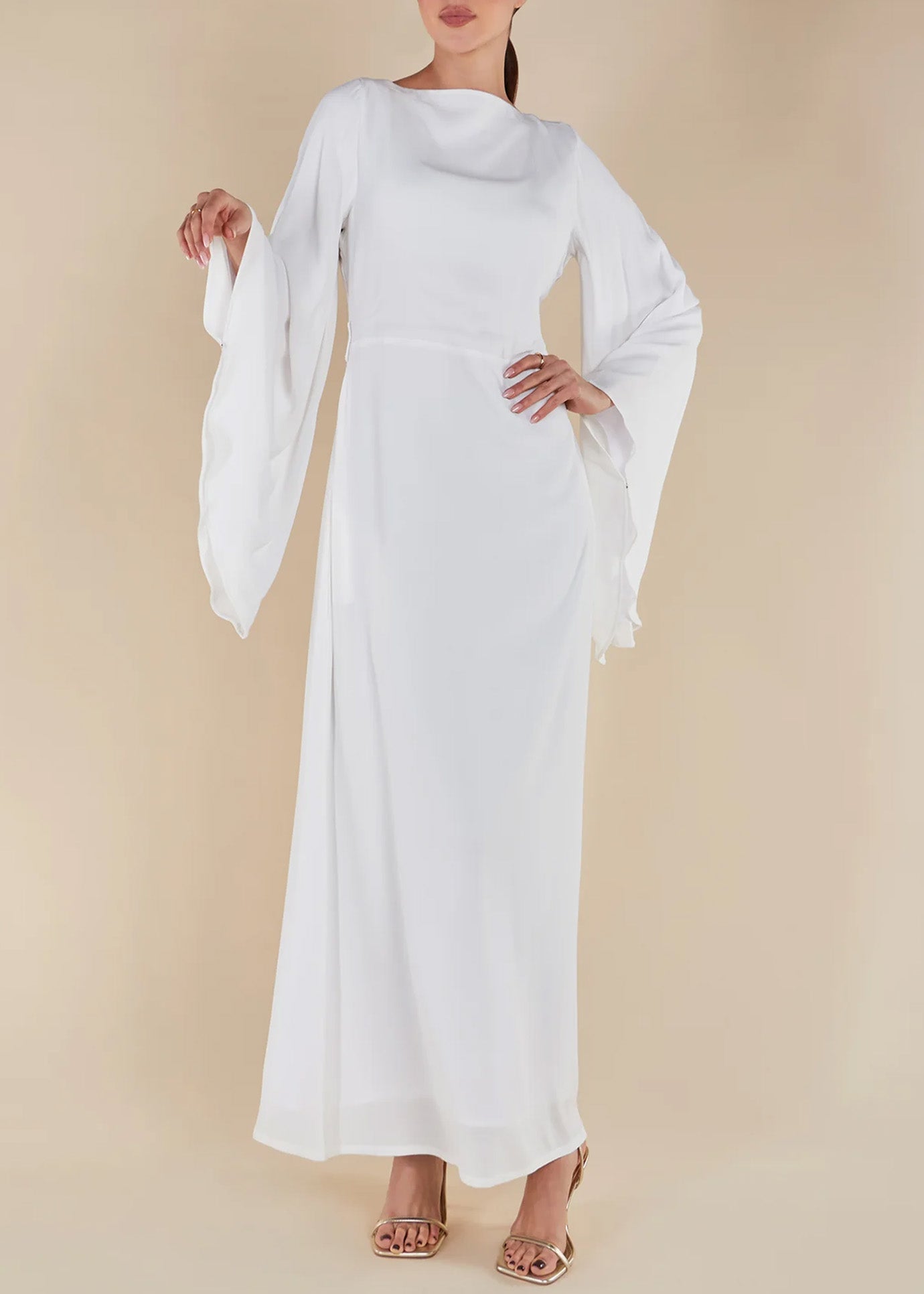 One-line Collar Wide Bell Sleeve Solid Color Abaya Maxi Dress for Muslim Women-White