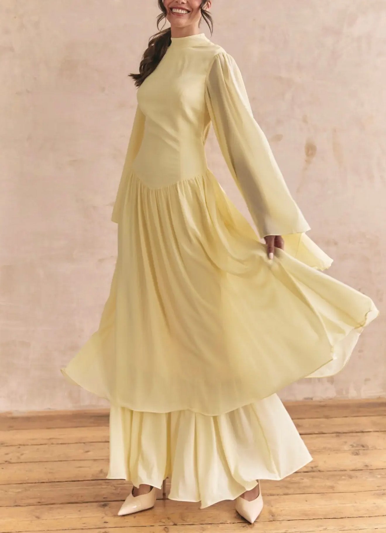 Ruffle Yellow Modest Muslim Maxi Abaya Dress