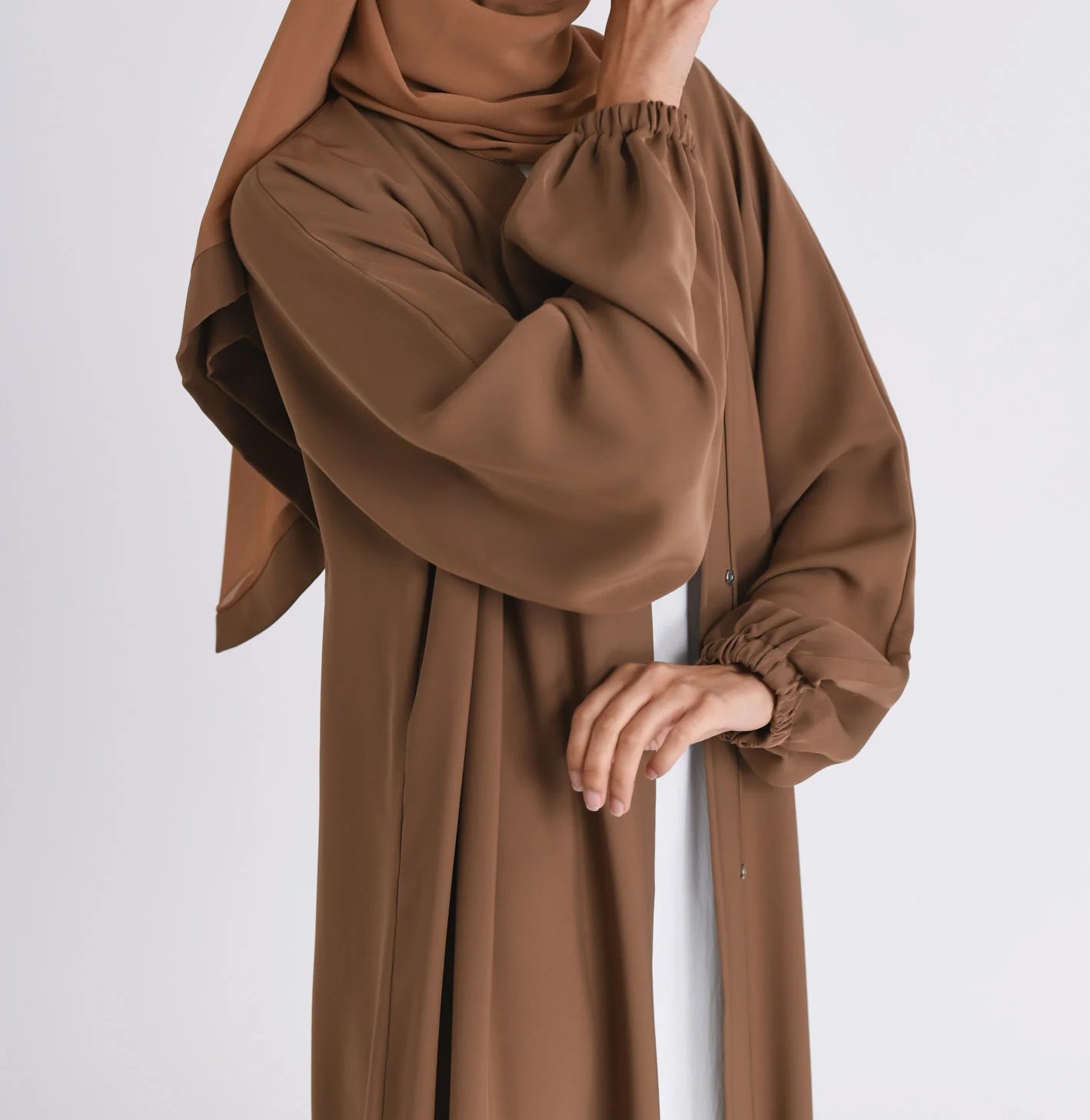 Classic Solid Open Abaya with Shrinking Cuffs - Toffee