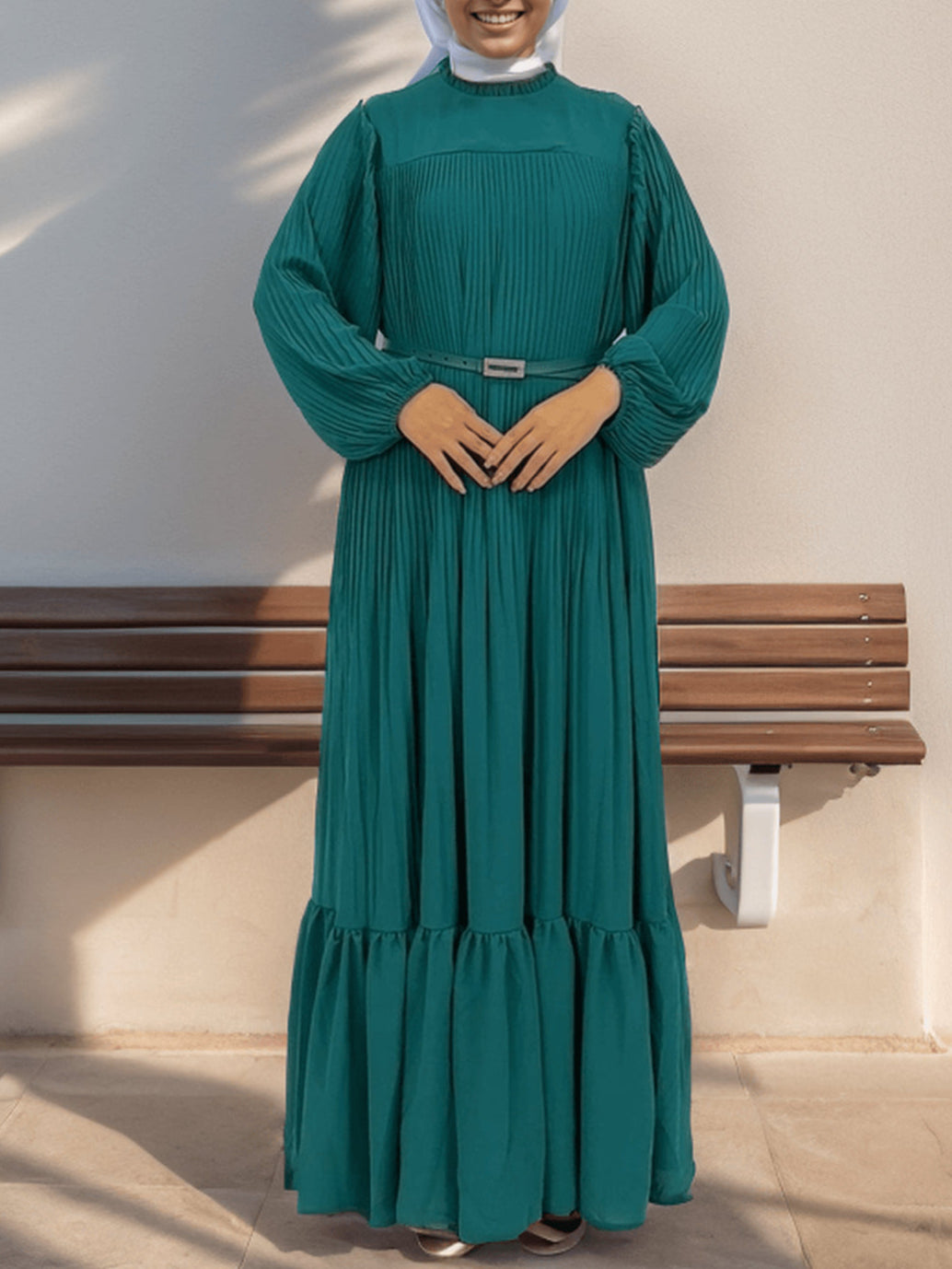 Muslim Pleated Abaya Dress - Green