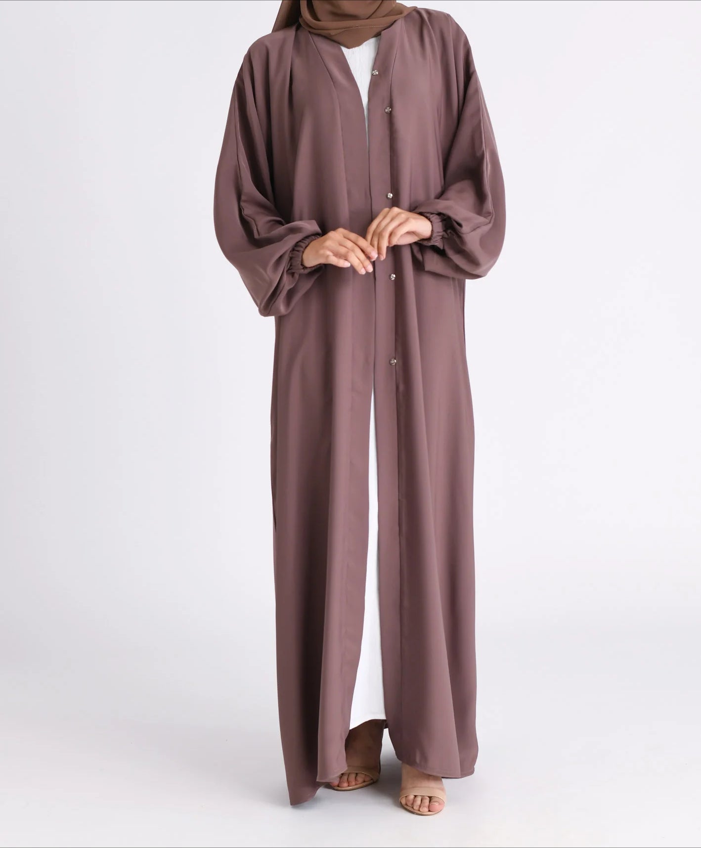 Classic Solid Open Abaya with Shrinking Cuffs - Brown