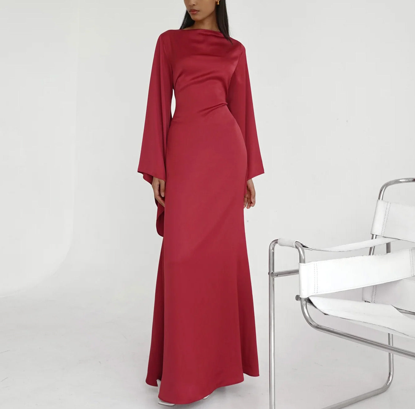 Solid Color Off-the-Shoulder Asymmetric Statement Sleeve Elegant Abaya Maxi Dress for Women-Red