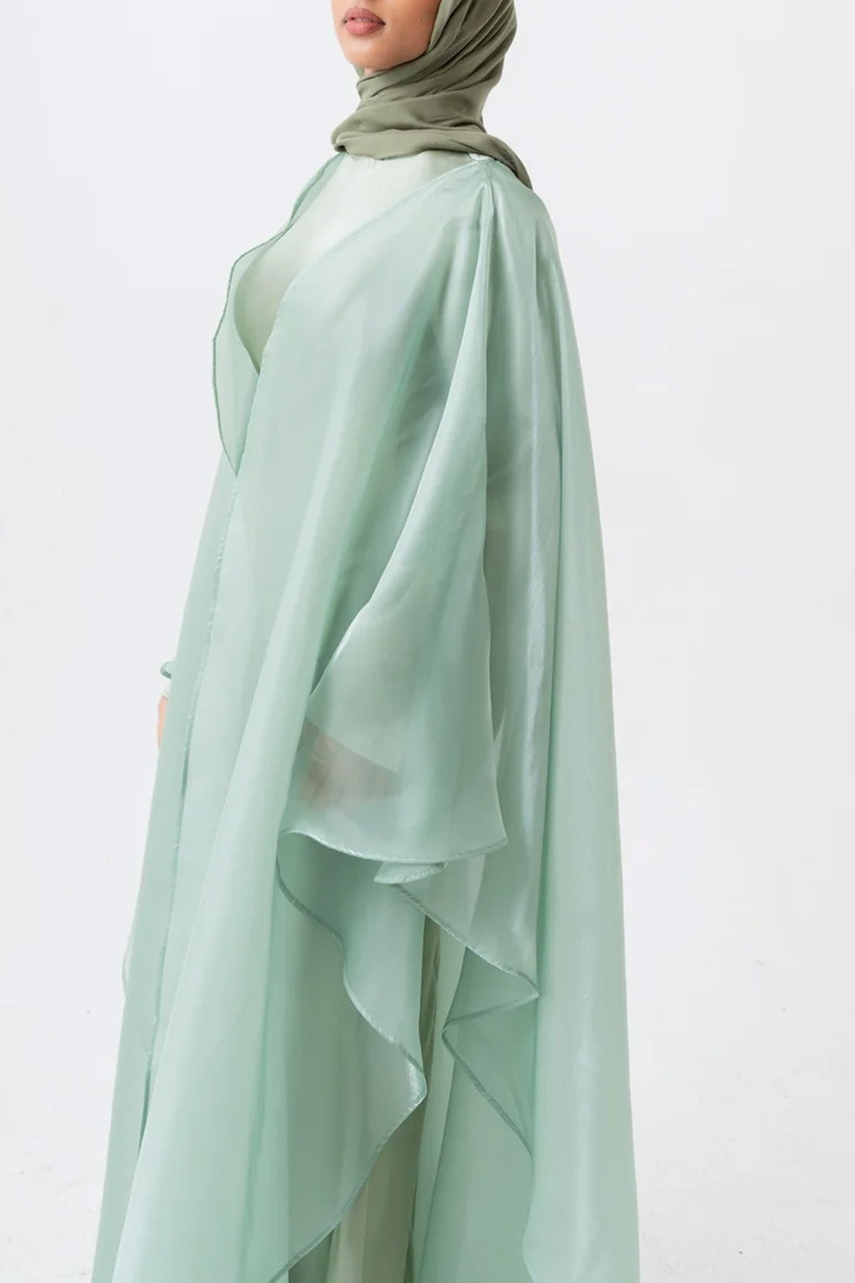 Pastoral Style Aesthetic Light Green Solid Color Women's Abaya Two-Piece Set