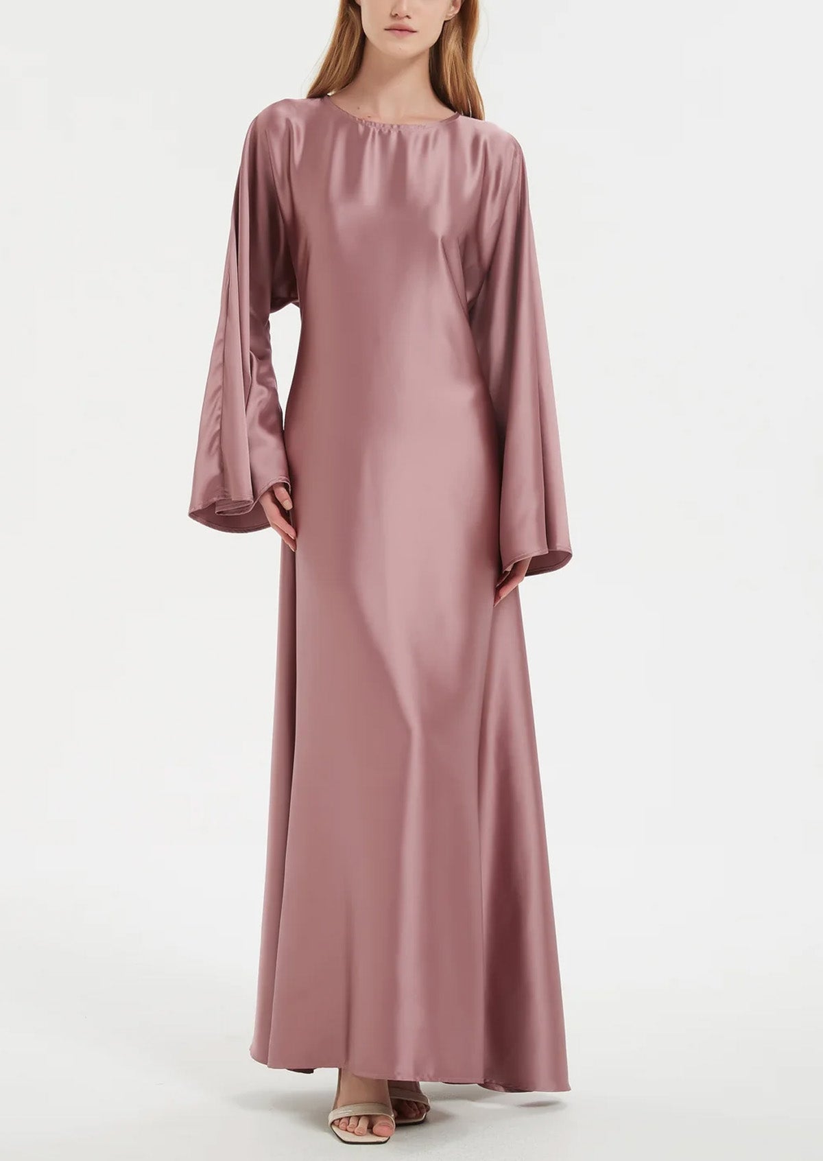 Solid Color Slightly Flared Sleeve Satin Elegant Abaya Maxi Dress for Women
