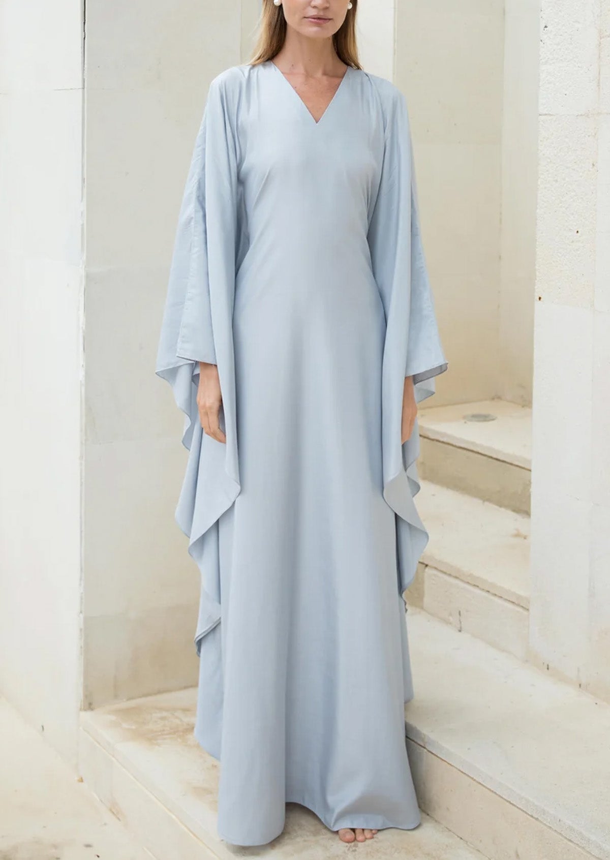 Elegant Casual Solid Color Small V-Neck Design Women's Abaya Dress-Blue