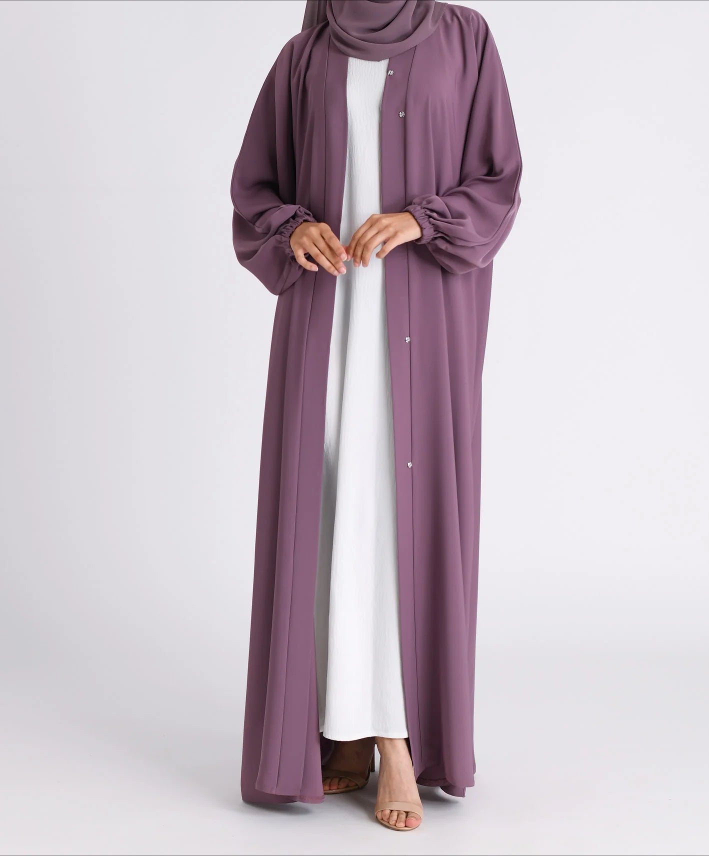 Classic Solid Open Abaya with Shrinking Cuffs - Purple