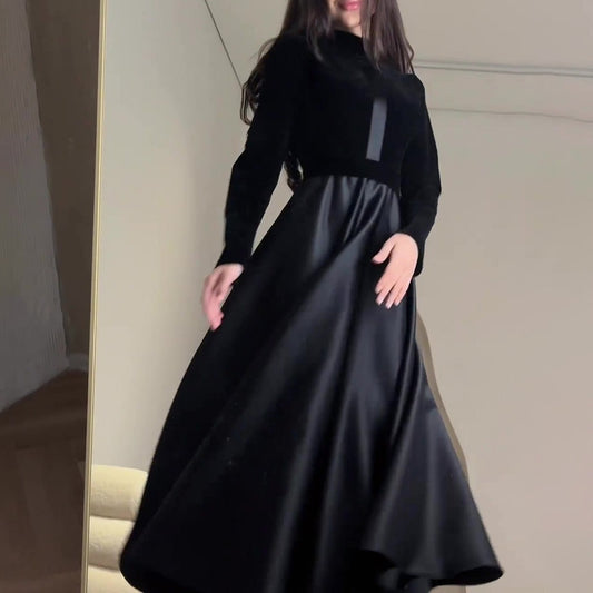 Women's Waist-cinching Round-neck Long-sleeved Dress