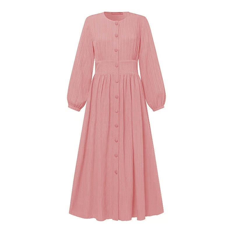 Women's Vintage Long-Sleeve Plain Modest Dress - Peach
