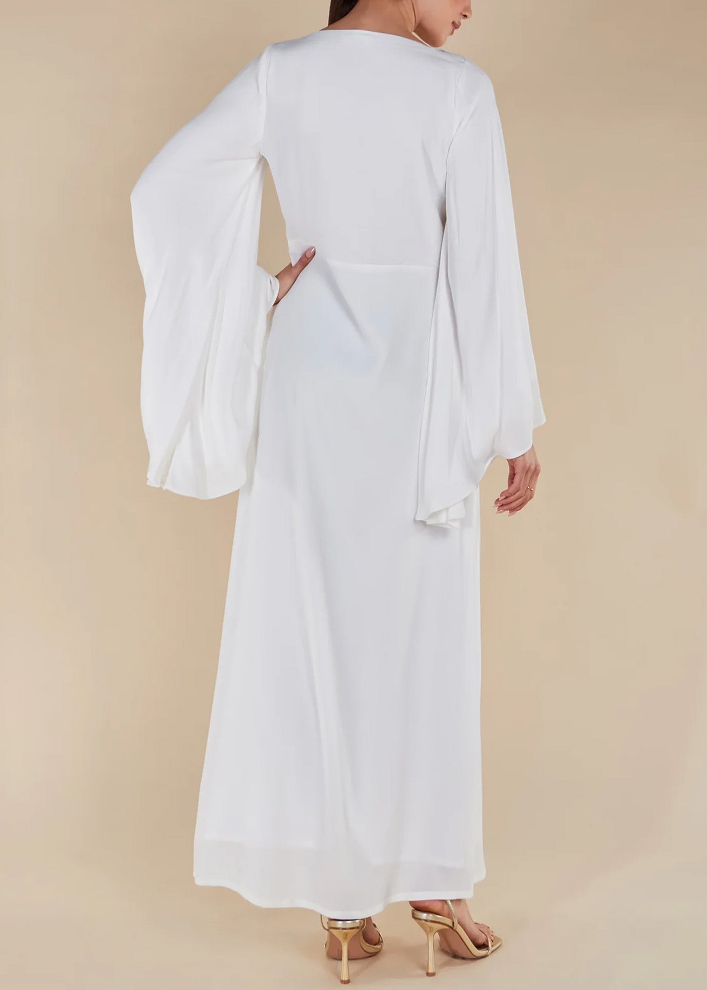 One-line Collar Wide Bell Sleeve Solid Color Abaya Maxi Dress for Muslim Women-White