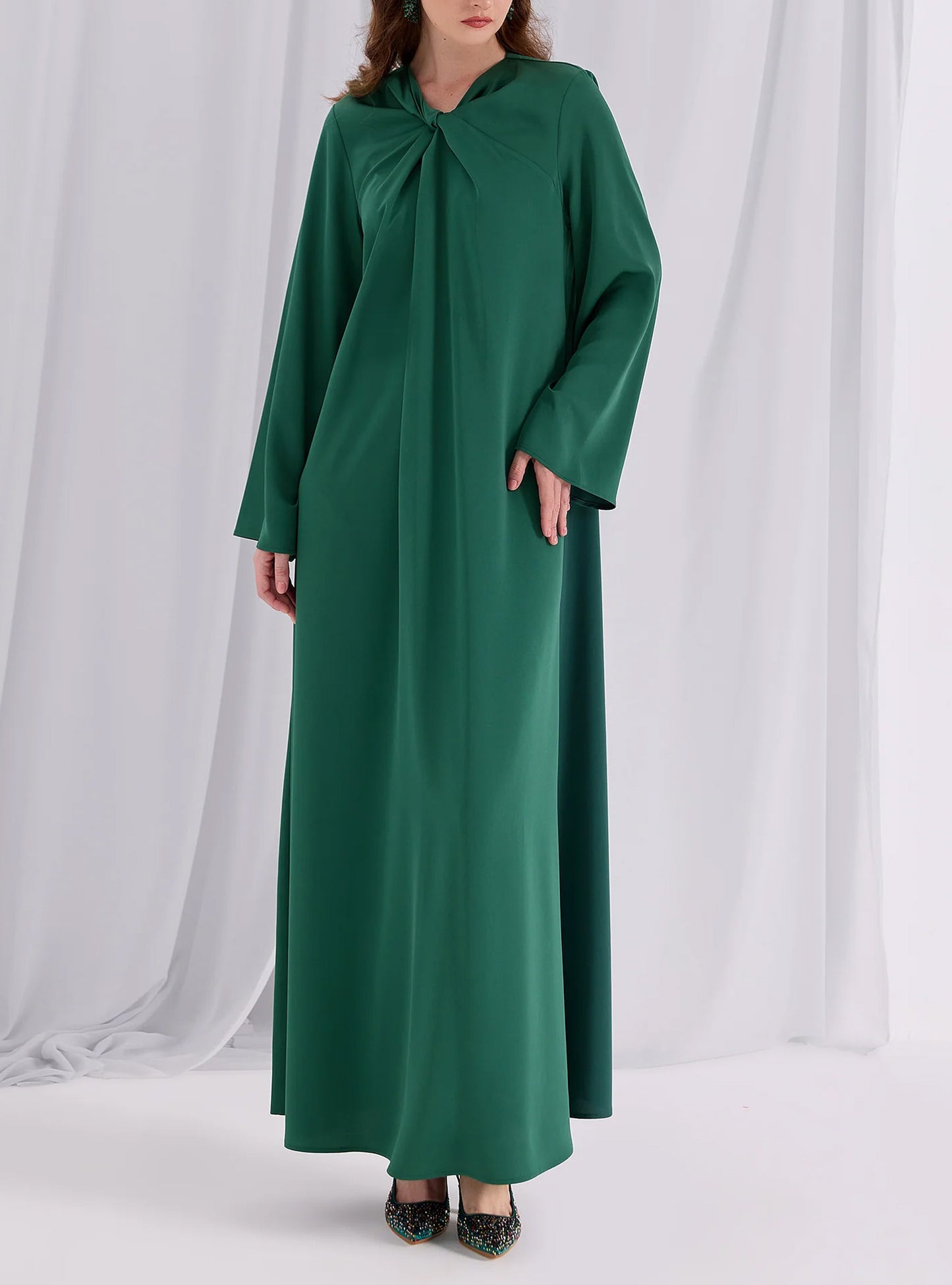Green Ruffle Modest Muslim Maxi Abaya Dress-Green