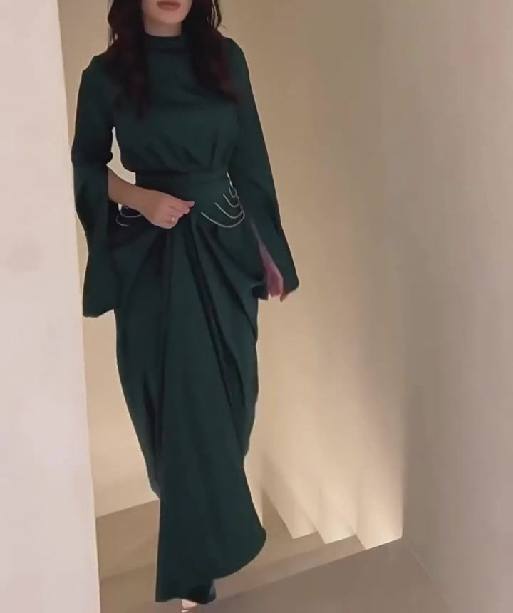 Satin Diamante Chain Waistband Sleeve Split Maxi Dresses
