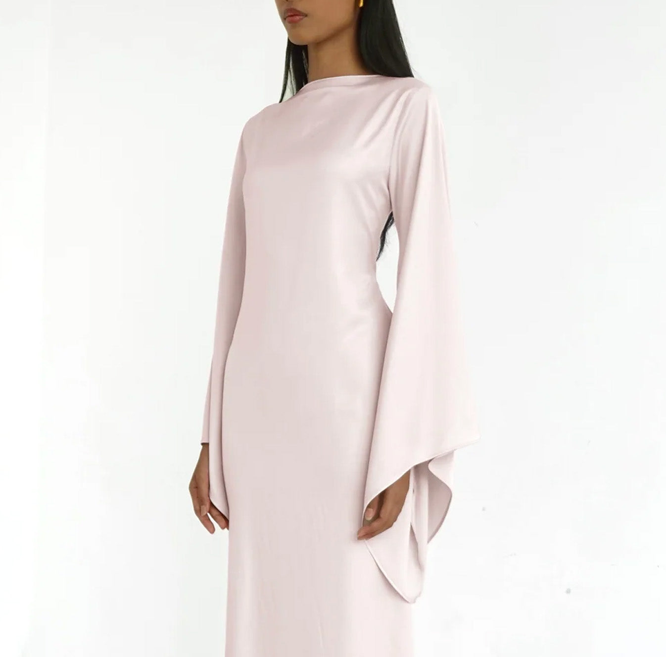 Solid Color Off-the-Shoulder Asymmetric Statement Sleeve Elegant Abaya Maxi Dress for Women-Light Pink