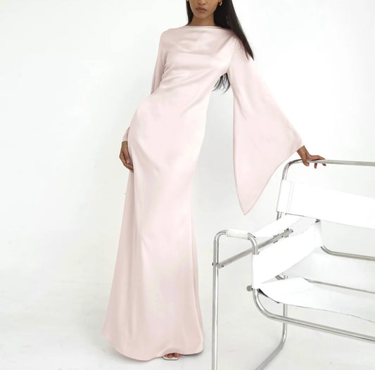 Solid Color Off-the-Shoulder Asymmetric Statement Sleeve Elegant Abaya Maxi Dress for Women-Light Pink