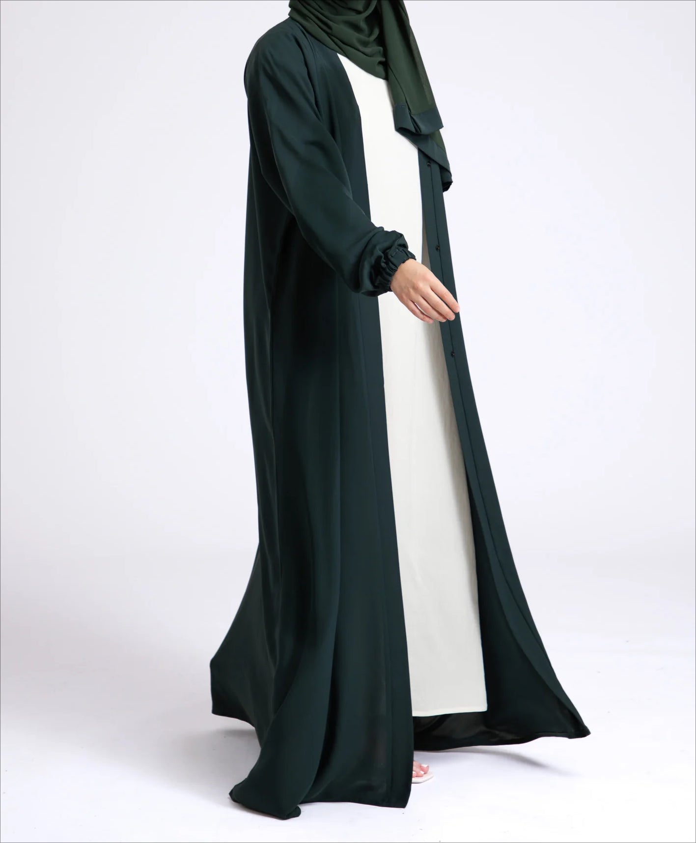 Classic Solid Open Abaya with Shrinking Cuffs - MossGreen