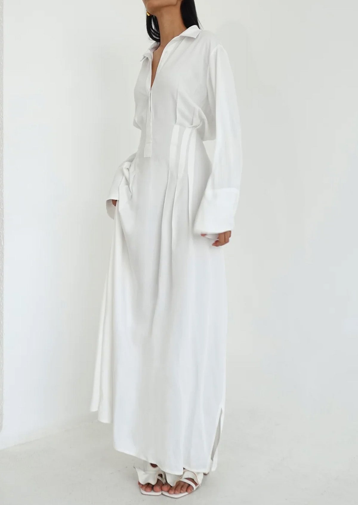 High-End Pure White Lapel Front Half-Placket Design Abaya Maxi Dress for Women