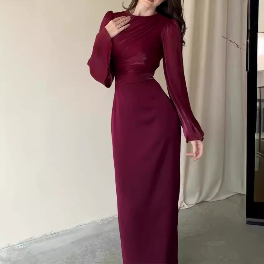 Solid Color Waist Cinched Hip Long Sleeve Dress