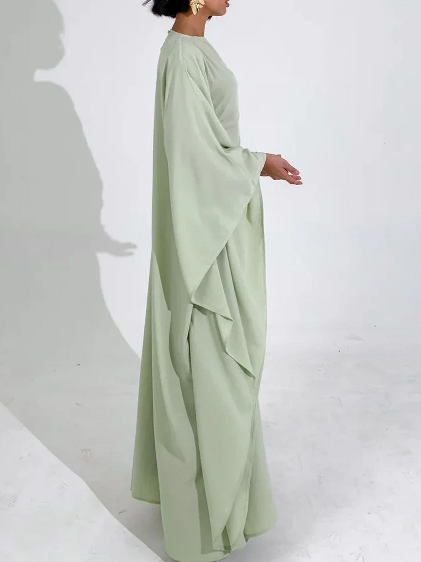 Elegant Satin-Textured High-Shine Abaya Maxi Dress for Women-Green