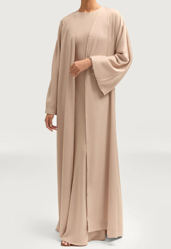 Sophia Heavy Satin Open Abaya Robe - Pale Gold