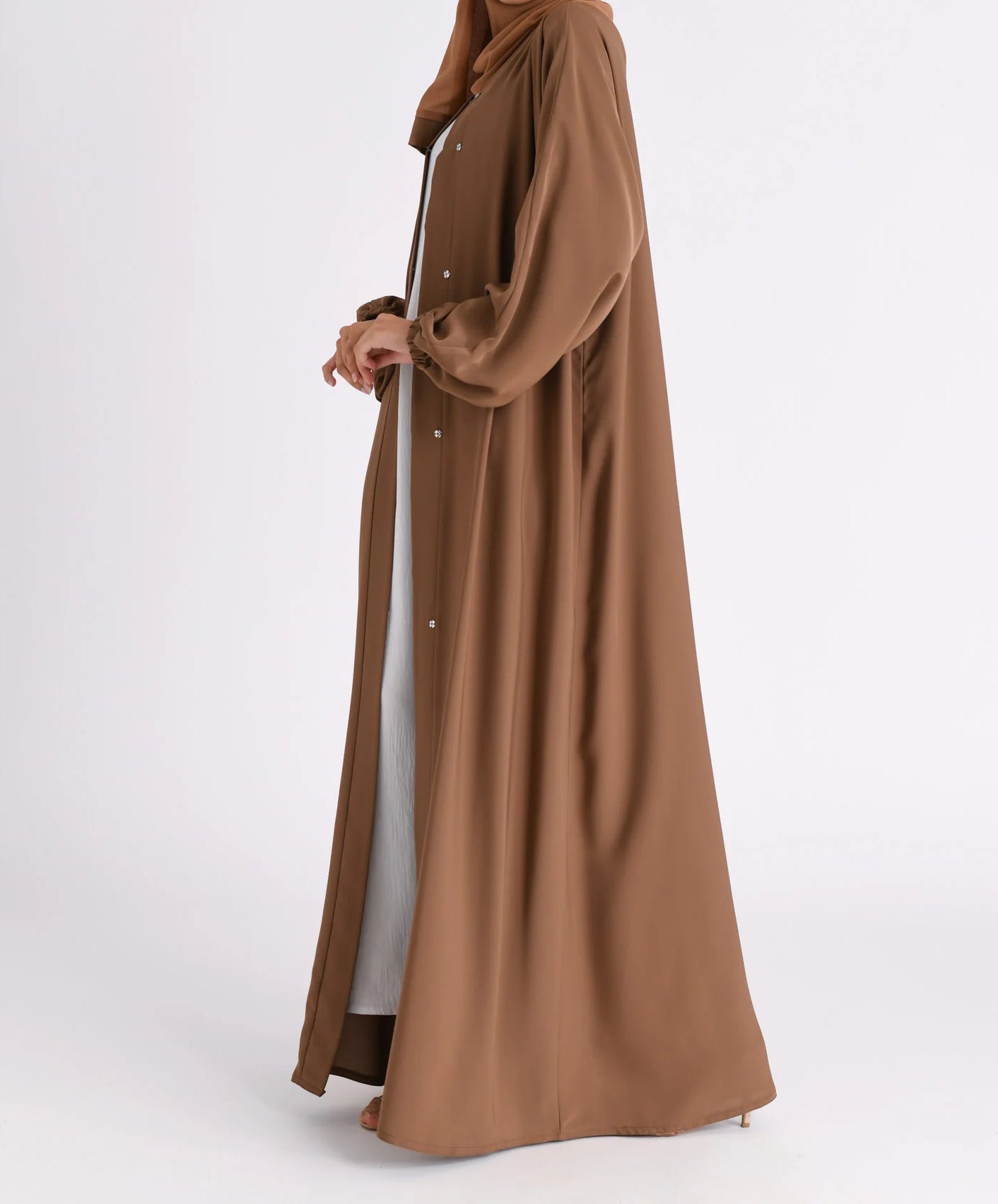Classic Solid Open Abaya with Shrinking Cuffs - Toffee