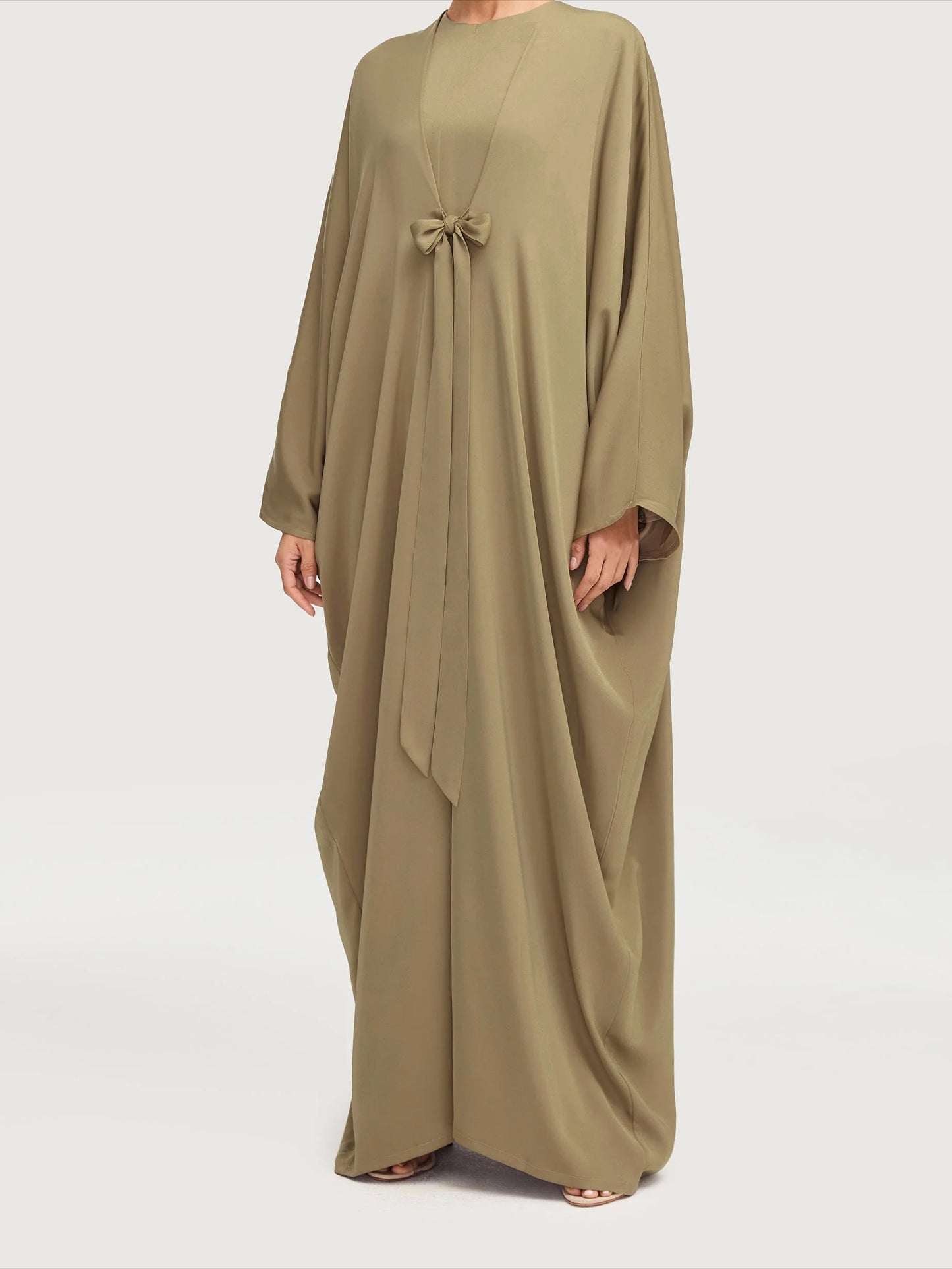 Mahina Tie Bow Satin Kaftan - Olive