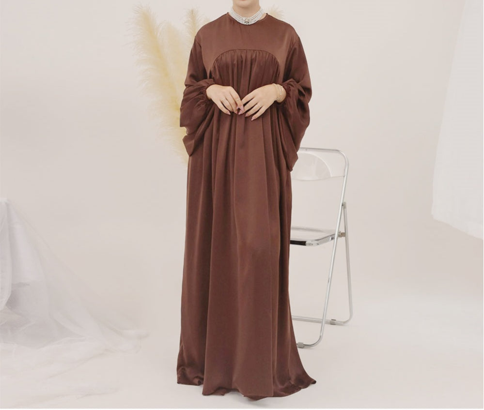 Eternal Blossom Satin Abaya Dress - Coffee