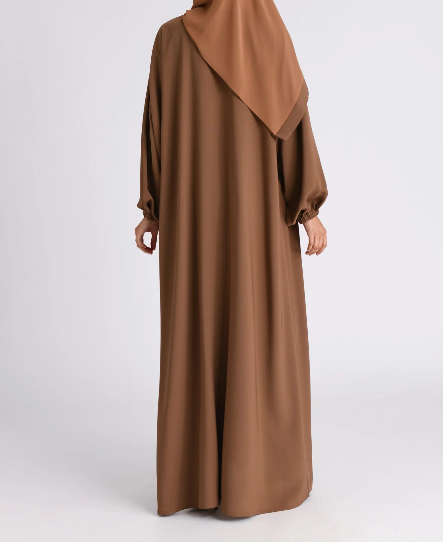 Classic Solid Open Abaya with Shrinking Cuffs - Toffee