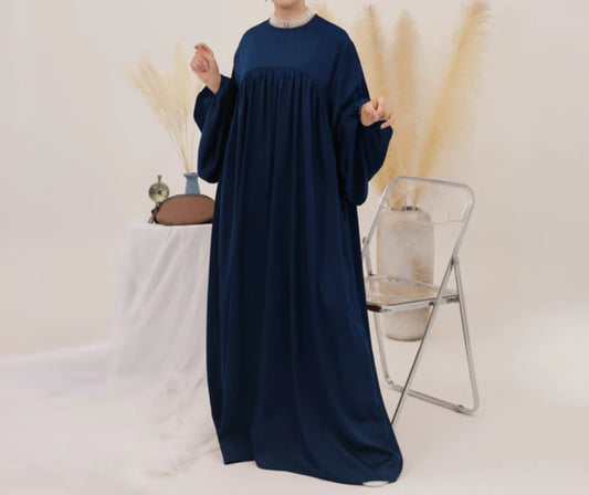 Eternal Blossom Satin Abaya Dress - Deep Navy