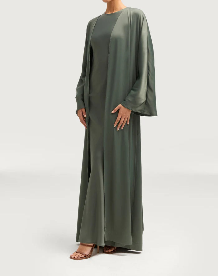 Sophia Heavy Satin Open Abaya Robe - Free Sage