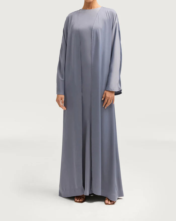Sophia Heavy Satin Open Abaya Robe - Misty Blue