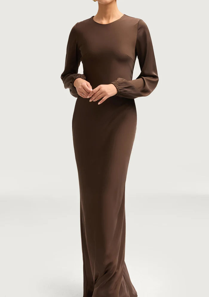 Sophia Heavy Satin Maxi Abaya Dress - Charming Coffee